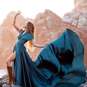 Long Train Santorini Flying Dress| Long tail Flying Dress| Backless infinity Fly maxi for Photoshoot| Flowy satin convertible throwing gown