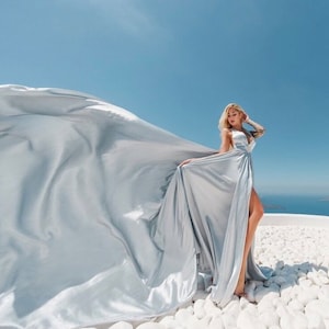 Long Flying Dress | Flying Dress for Photoshoot| Long Train Dress | Photoshoot Dress | Flowy Dress | Satin Dress | Santorini Flying Dress