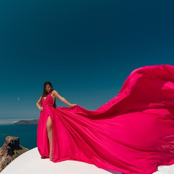 Long Flying Dress | Flying Dress for Photoshoot| Long Train Dress | Photoshoot Dress | Flowy Dress | Satin Dress | Santorini Flying Dress