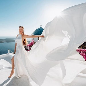 Long Flying Dress | Flying Dress for Photoshoot| Long Train Dress | Photoshoot Dress | Flowy Dress | Satin Dress | Santorini Flying Dress