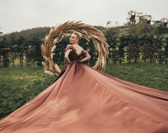 Long tail  Flying Dress with sleeve ruffles for Photoshoot/ Long Train  Flowy Photoshoot  Dress| Santorini Satin  Flying Dress/wedding gown
