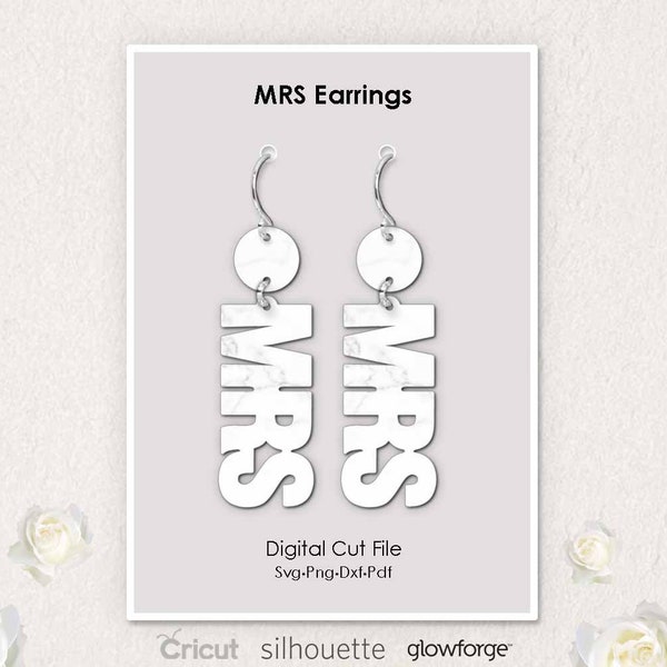 MRS Text Earrings, Bridal Party Earring, Bride to be, Svg Dxf Pdf Png Formats, Cricut, Silhouette, Glowforge, Laser Cut, (Length: 50mm)