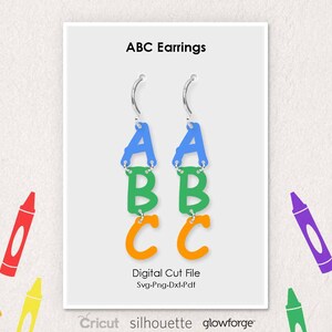 ABC Earrings, Back to School, Kindergarten, Svg Dxf Pdf Png Formats, Cut, Cricut, Silhouette, Glowforge (Length: 50mm)