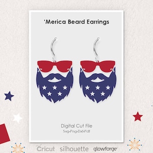 Peut inclure: Une paire de boucles d'oreilles barbe rouge, blanche et bleue avec des étoiles et des lunettes de soleil. Les boucles d'oreilles sont étiquetées 'Merica Beard Earrings' et 'Digital Cut File Svg-Png-Dxf-Pdf'.