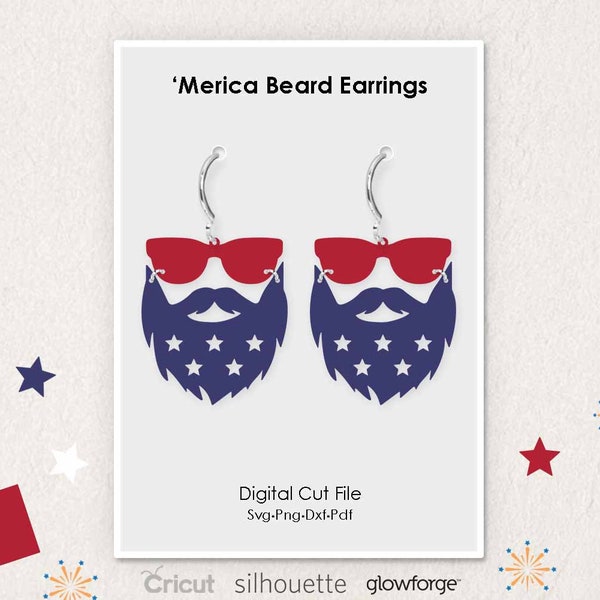 Merica Beard, Sunglasses, Independence Day, Earrings, Svg Dxf Pdf Png Formats, Cut, Cricut, Silhouette, Glowforge (Length: 50mm)