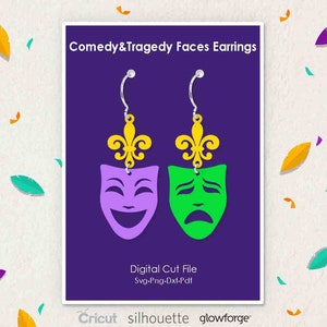 Commedia Tragedia Volti, Maschere Teatrali, Mardi Gras, Orecchini, Pezzi Orecchini, Festival, Carnevale, svg dxf pdf formati png, cricut, silhouette