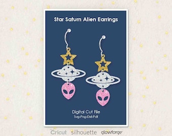 Star Saturn Alien Earrings, Space Earring Pieces, Svg Dxf Pdf Png Formats, Cricut, Silhouette, Glowforge, Laser Cut