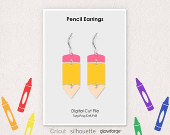 Boucles d’oreilles crayon, Retour à l’école, Maternelle, Svg Dxf Pdf Png Formats, Coupe, Cricut, Silhouette, Glowforge (Longueur: 40mm)