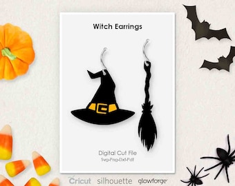 Halloween Witch Hat Broom Earring, Svg Dxf Pdf Png Formats, Cricut, Silhouette, Glowforge, Laser Cut