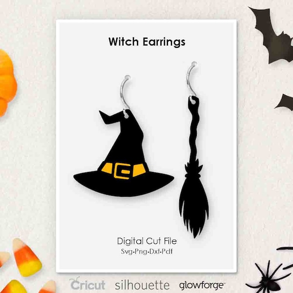 Halloween Witch Hat Broom Earring, Svg Dxf Pdf Png Formats, Cricut, Silhouette, Glowforge, Laser Cut