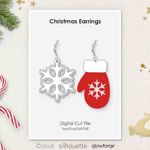 Christmas Glove Snowflake Earring, Svg Dxf Pdf Png Formats, Cricut, Silhouette, Glowforge, Laser Cut