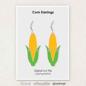 May include: A pair of corn cob earrings with green husks and yellow kernels. The earrings are made for a digital cut file and can be used with Cricut, Silhouette, or Glowforge.