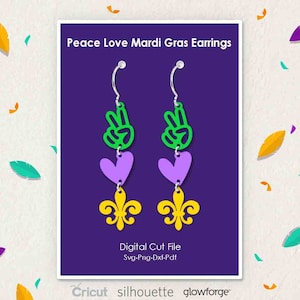 Peace Love Mardi Gras, Oorbellen, Oorbellen Stukken, Festival, Carnaval, Viering, Svg Dxf Pdf Png Formaten, Cricut, Silhouet, Glowforge