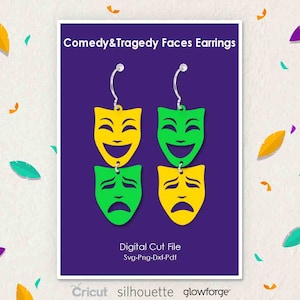 Commedia Tragedia Volti, Maschere Teatrali, Mardi Gras, Orecchini, Pezzi Orecchini, Festival, Carnevale, svg dxf pdf formati png, cricut, silhouette