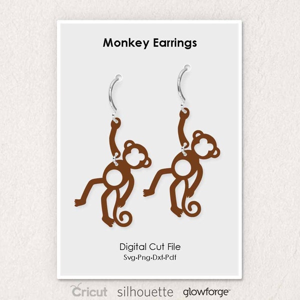 Monkey Earrings, Animal Earring, Hanging Monkey, Svg Dxf Pdf Png Formats, Cut, Cricut, Silhouette, Glowforge (Length: 50mm)