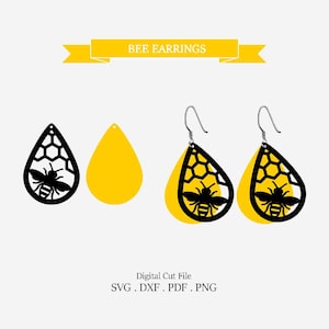 Bij honingraat teardrop gestapelde oorbel, Svg Dxf pdf png formaten, cricut, silhouet, glowforge, laser gesneden