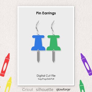 Pin Earrings, Back to School, Kindergarten, Svg Dxf Pdf Png Formats, Cut, Cricut, Silhouette, Glowforge (Length: 50mm)