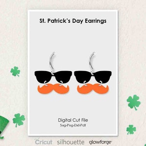 Brincos do Dia de São Patrício, bigode de óculos de São Patrício, formatos Svg Dxf Pdf Png, Cricut, Silhueta, Glowforge, Corte a laser, (Comprimento: 25 mm)