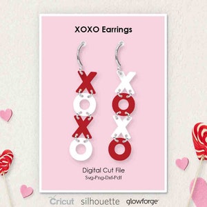 XOXO, Pendientes de San Valentín, Svg Dxf Pdf Formatos Png, Cricut, Silhouette, Glowforge, Laser Cut, (Longitud: 50mm)