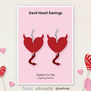 Devil Heart Horn Tail, Pendientes de San Valentín, Svg Dxf Pdf Formatos Png, Cricut, Silhouette, Glowforge, Laser Cut, (Longitud: 50mm)