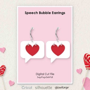 Speech Bubble Heart Love, Orecchini san Valentino, Svg Dxf Pdf Png Formati, Cricut, Silhouette, Glowforge, Taglio Laser, (Lunghezza: 40mm)