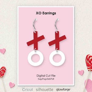XO, Valentine&#39;s Day Earrings, Svg Dxf Pdf Png Formats, Cricut, Silhouette, Glowforge, Laser Cut, (Length: 50mm)