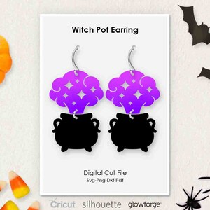 May include: A pair of Halloween-themed earrings featuring a black cauldron with purple smoke and star accents. The earrings are displayed on a white card with the text "Witch Pot Earring" and "Digital Cut File". Decorative bats, a spider, and candy corn are also visible.