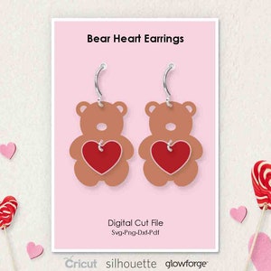 Bear with Love Heart, Valentine&#39;s Day Earrings, Svg Dxf Pdf Png Formats, Cricut, Silhouette, Glowforge, Laser Cut, (Length: 40mm)