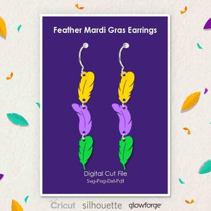 May include: A digital cut file for Mardi Gras feather earrings. The earrings are made of three feathers in the colors purple, green, and gold. The file is compatible with Cricut, Silhouette, and Glowforge.