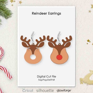 Weihnachten Rentier Ohrringe, Svg Dxf Pdf Png Formate, Cricut, Silhouette, Glowforge, Laser Cut