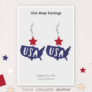 USA, Map, America, Independence Day, Earrings, Svg Dxf Pdf Png Formats, Cut, Cricut, Silhouette, Glowforge (Length: 50mm)