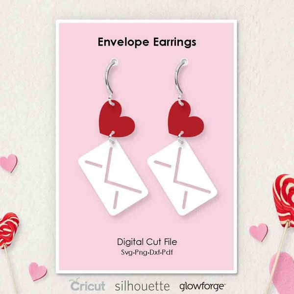 Heart Love Envelope Mail Letter, Valentine's Day Earrings, Svg Dxf Pdf Png Formats, Cricut, Silhouette, Glowforge, Laser Cut, (Length: 50mm)