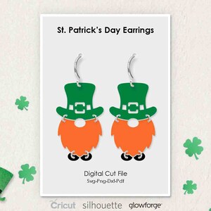 St Patrick es Day Ohrringe, Saint Patrick, Gnome Mustache, Svg Dxf Pdf Png Formate, Cricut, Silhouette, Glowforge, Laser Cut, (Länge: 50mm)