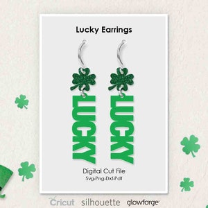 Lucky Text Oorbellen, St Patrick&#39;s Day Earring, Klaver, Svg Dxf Pdf Png Formaten, Cricut, Silhouet, Glowforge, Laser Cut, (Lengte: 50mm)