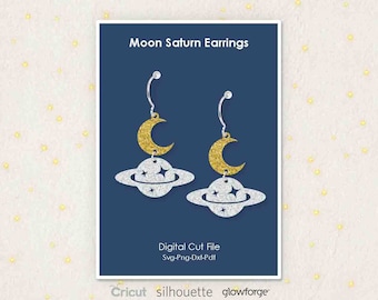 Moon Saturn Earrings, Space Earring Pieces, Planet, Svg Dxf Pdf Png Formats, Cricut, Silhouette, Glowforge, Laser Cut