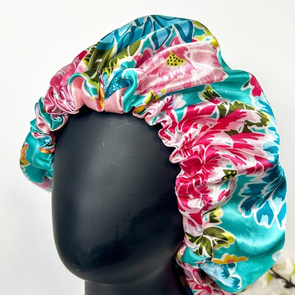 Bloemen satijnen haarbonnet en scrunchie, roze, geel en blauw Verstelbare en omkeerbare slaapmuts voor bescherming tegen bedhoofd, kroezen, klitten