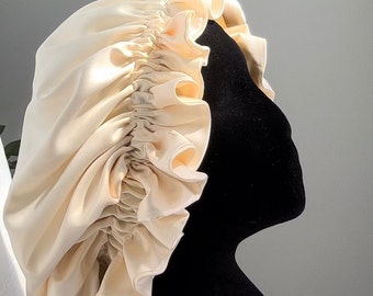 Buttery Yellow Silk Satin Bonnet ,XL Silk Night Cap, Double layer Adjustable Sleeping Cap, Protective Hair Care Wrap Hat & Scrunchie