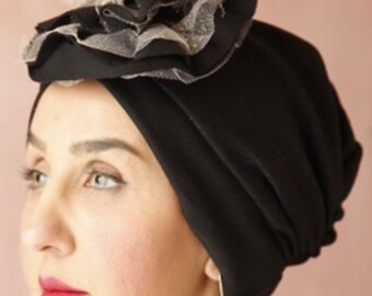 Rosette flower Black turban with Gold Tulle Flower, Woman’s Crepe Turban,Handmade