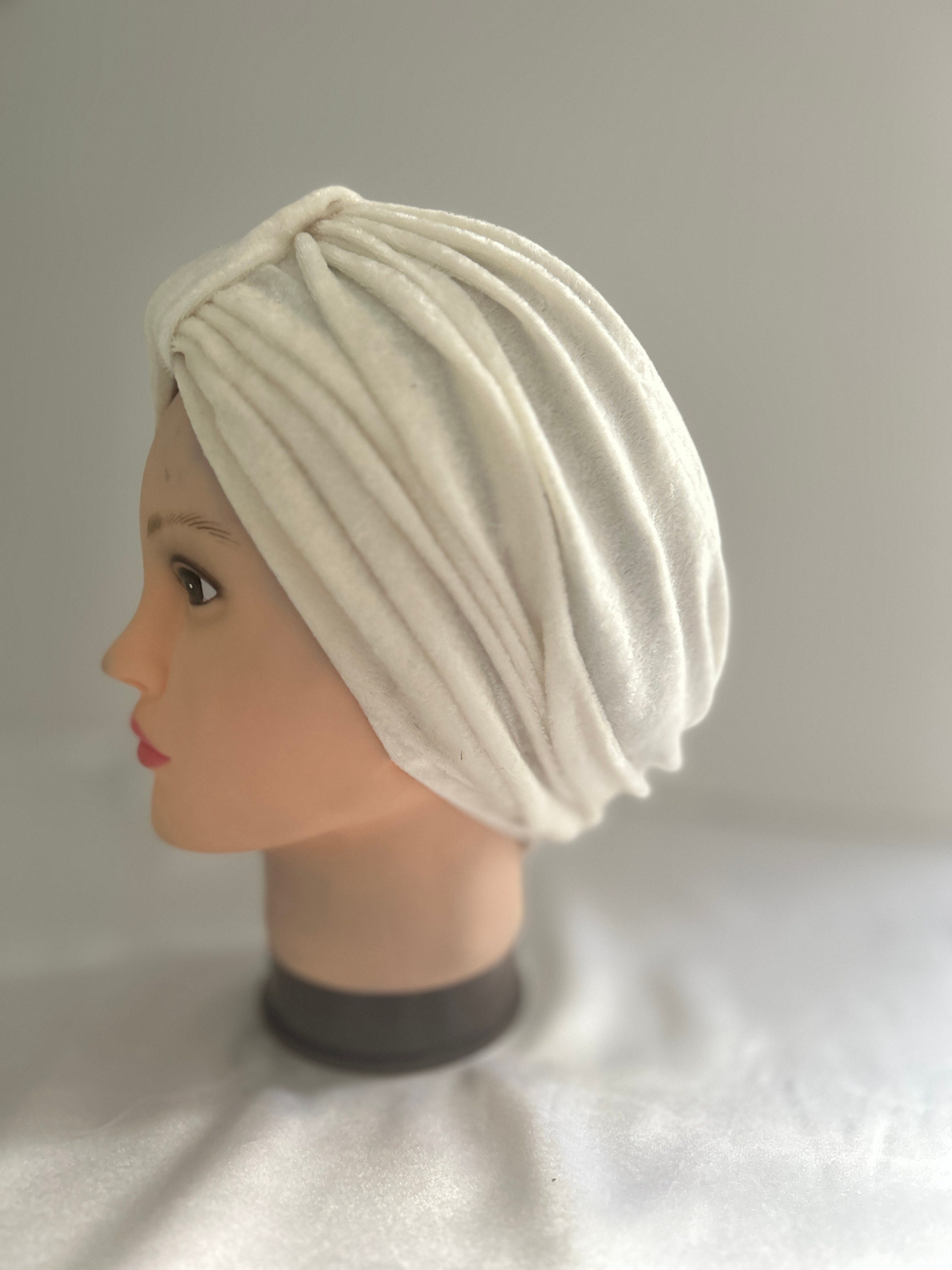 Small Child size  Head Milky White Crushed Velvet Woman’s Turban, Elegant Soft Stretch Hairloss  Headcover
