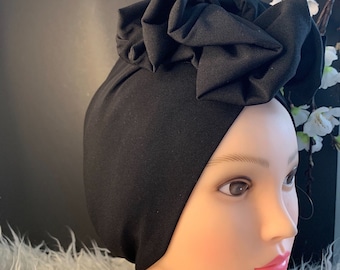 Black turban with Rosette for women, Flower ruffle  instant Headwrap  for Women,Alopecia & Cancer  Hair loss Hair Beanie