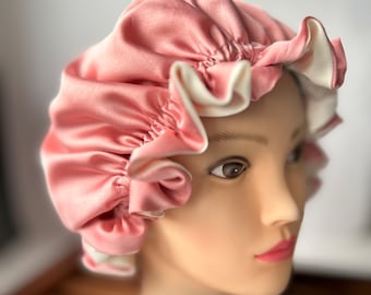 Luxurious Charmeuse Silk Satin Weave Bonnet Hair care,Reversible Sleep Cap, Rose Pink & Ivory Adjustable Women’s Night time Hair Wrap