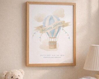 Gepersonaliseerde print geboortestatistieken baby, kinderkamerdecoratie heteluchtballon (digitale download)