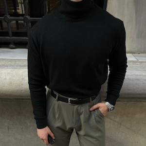 Men&#39;s Wool Turtleneck Sweater - Classic Fit, Full Roll Neck, Cozy Knit Pullover (M-2XL)