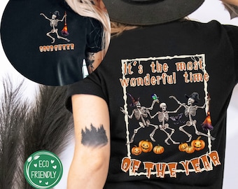 Koszulka z tańczącym szkieletem, Koszula z okrągłym dekoltem, Koszula z tańczącą czarownicą, Modny okrągły dekolt na Halloween, Koszula z straszną pajęczyną, Koszula dla fanów Halloween, zła