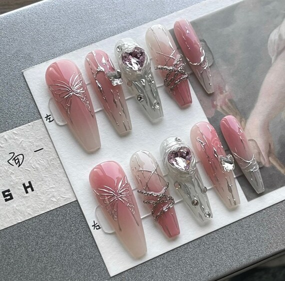 Pink Y2K Style Press on Nailmental Silver Butterfly Fake - Etsy