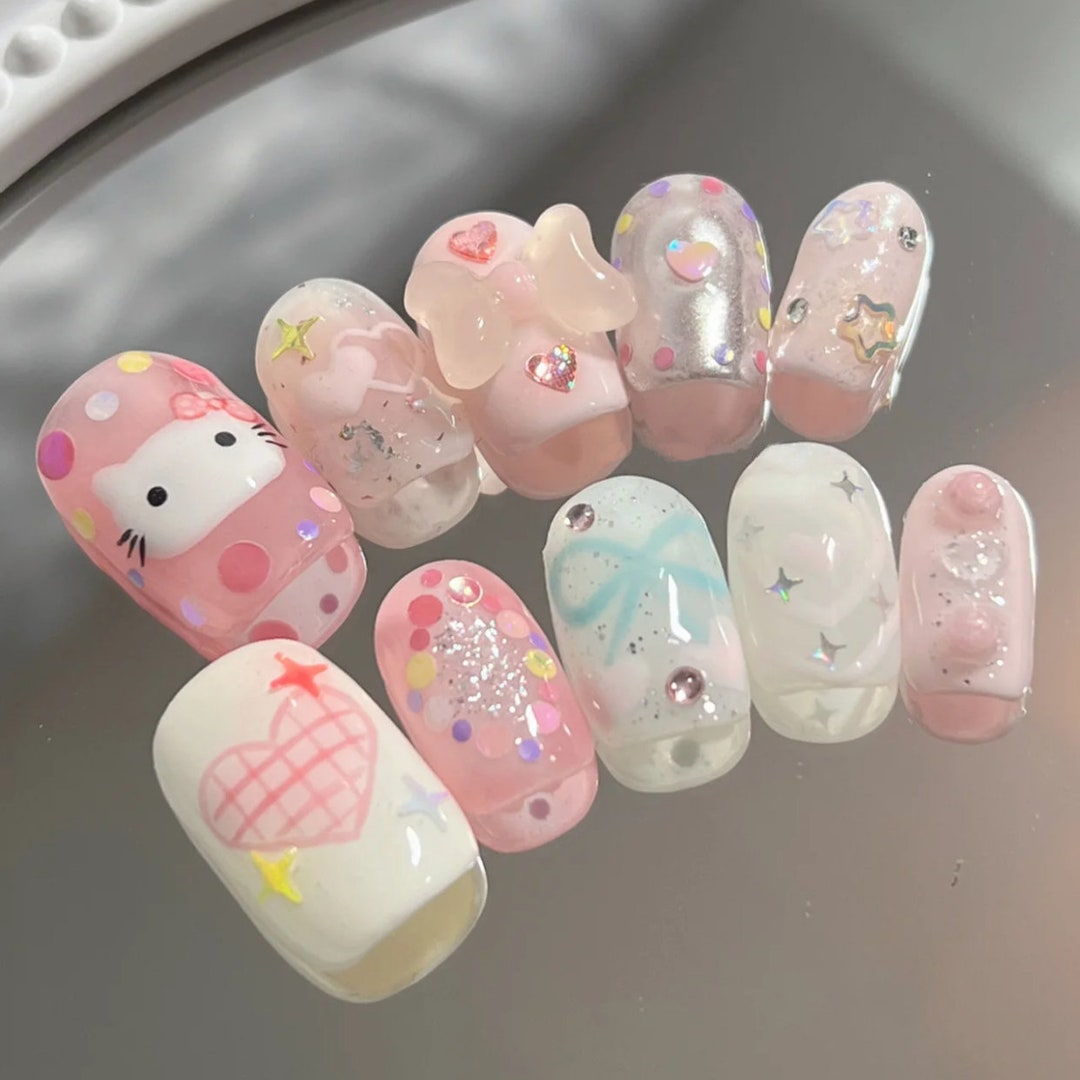 Handmade Pink Ribbon Bow Press on Nail Cute Anime Inspired - Etsy