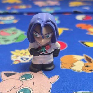 May include: A small figurine of a character with purple hair, green eyes, and a white uniform with black gloves and shoes. The figure is holding a small bouquet of flowers. The background is a blue fabric with various cartoon characters.