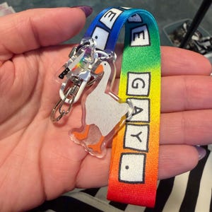 Peut inclure: Une lanière de porte-clés en tissu aux couleurs de l'arc-en-ciel avec le texte BE GAY en lettres noires sur des carrés blancs. Attaché à la lanière se trouve un pendentif en acrylique transparent représentant une oie blanche au bec et aux pattes orange.