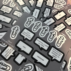 May include: A collection of gray stickers featuring a cartoon paperclip character with various speech bubbles. The speech bubbles contain phrases like "UWU", "I am in constant pain", and "-censored-".