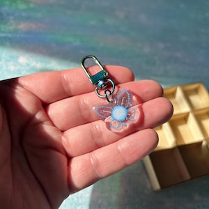 May include: A clear acrylic keyring featuring a blue butterfly design. The butterfly has a detailed outline and a central blue circle with white dots. The keyring has a teal-coloured clasp.